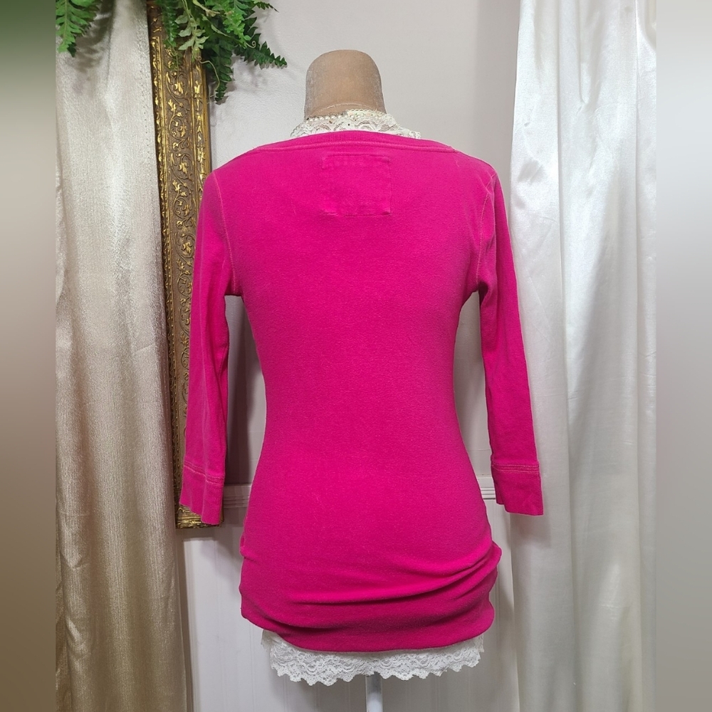 ♡ Y2K ♡ Abercrombie Hot Pink Button Down Babydoll Henley Top - Picture 6 of 11